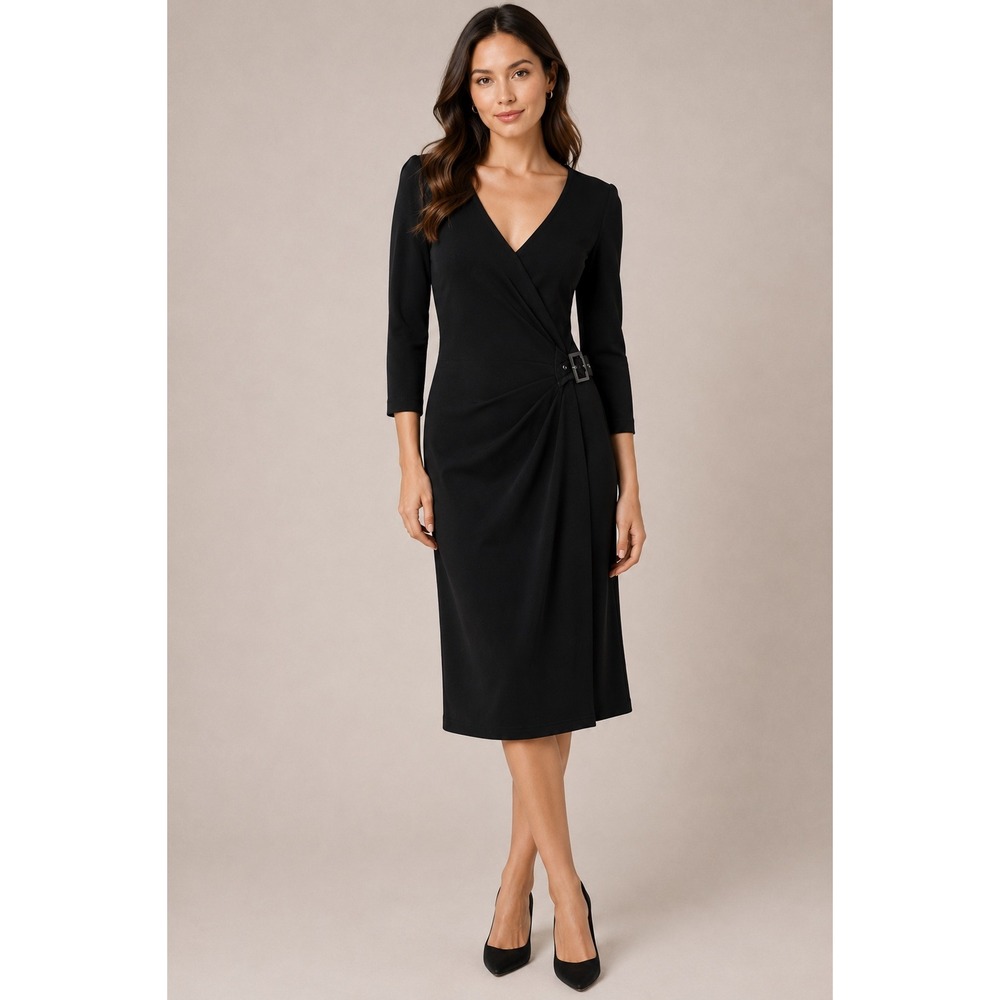 St John Boutiques Black Knit Faux Wrap Buckle Sheath Dress 2 V-Neck 3/4 Sleeve